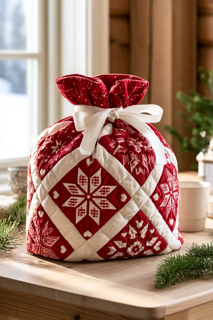 Scandinavian-Inspired Quilted Gift Bags in Red and White