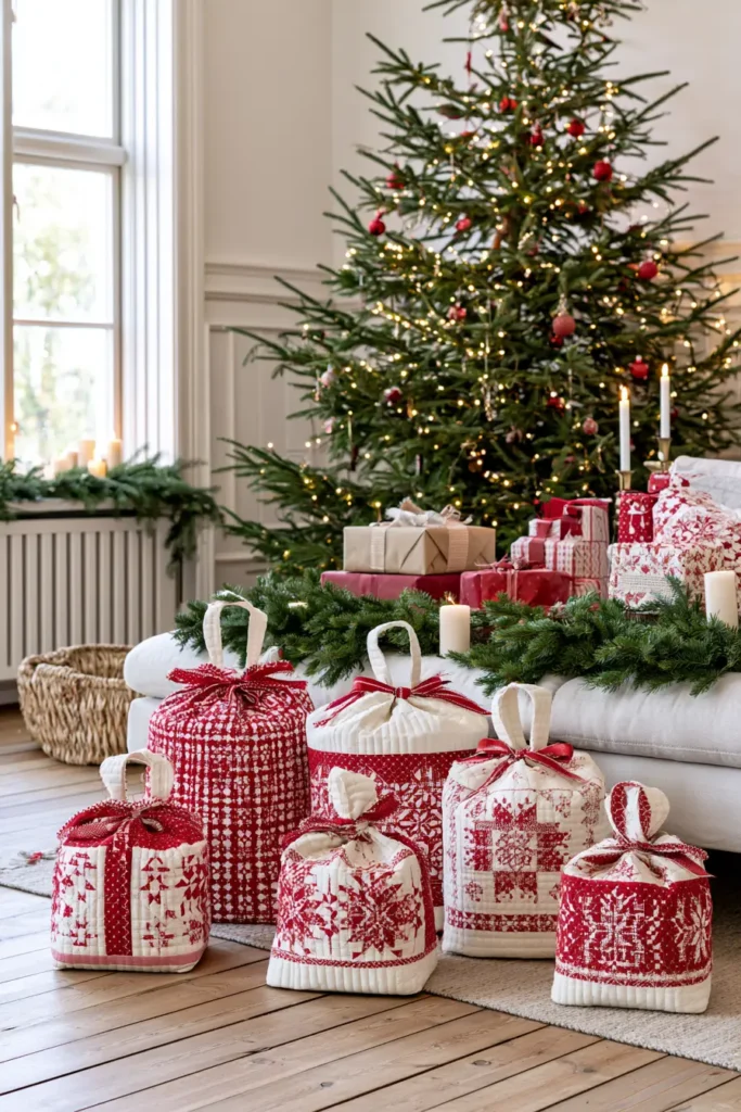 Scandinavian-Inspired Quilted Gift Bags in Red and White