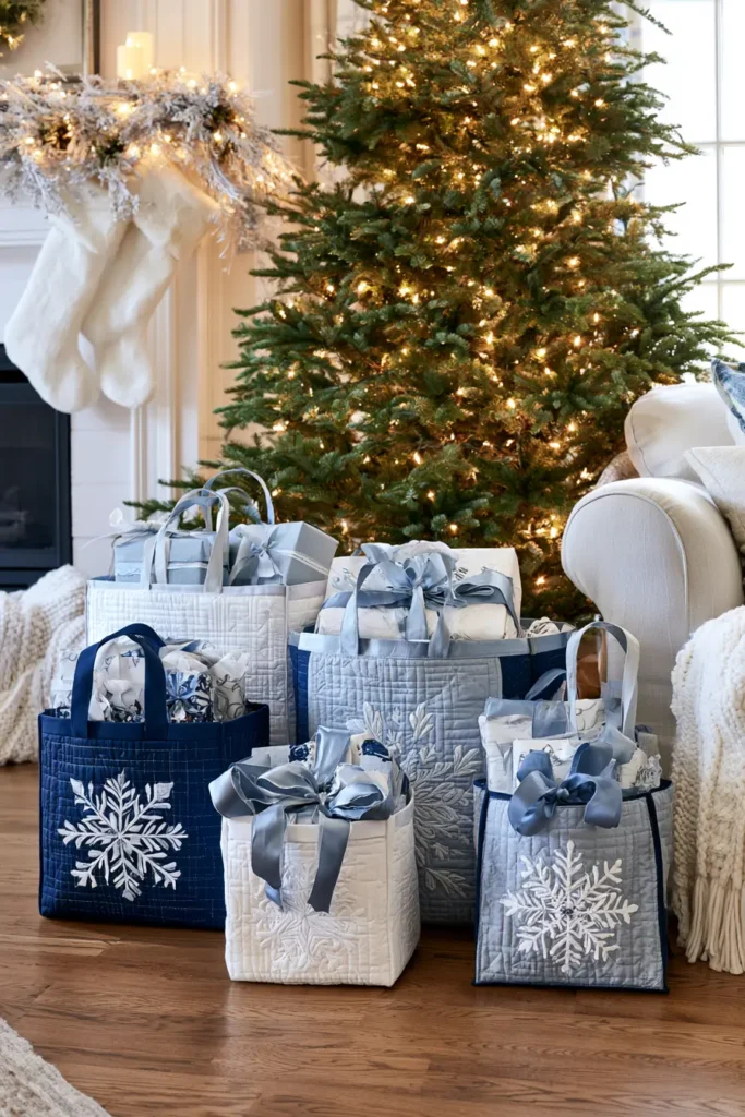 Snowflake Appliqué Quilted Gift Bags in Blue and White