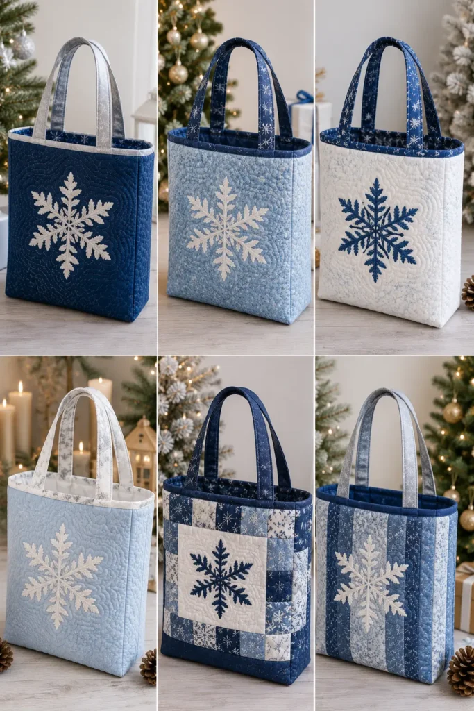 Snowflake Appliqué Quilted Gift Bags in Blue and White