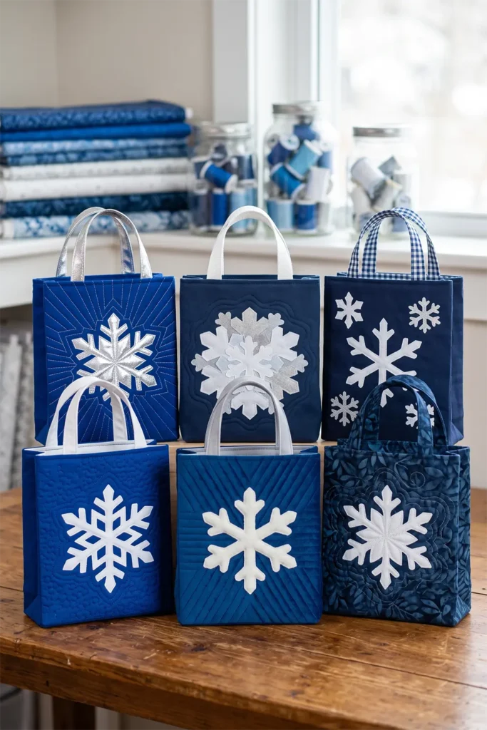 Snowflake Appliqué Quilted Gift Bags in Blue and White