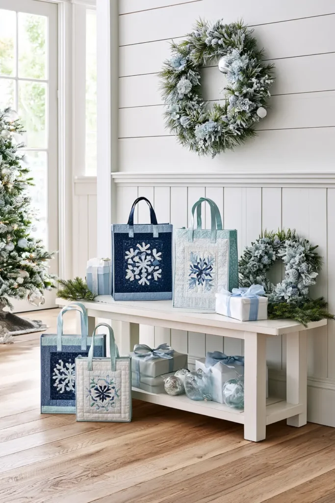 Snowflake Appliqué Quilted Gift Bags in Blue and White
