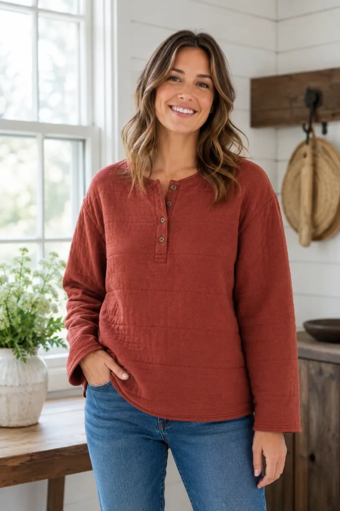Soft Quilted Henley Top for Casual Farmhouse Layering