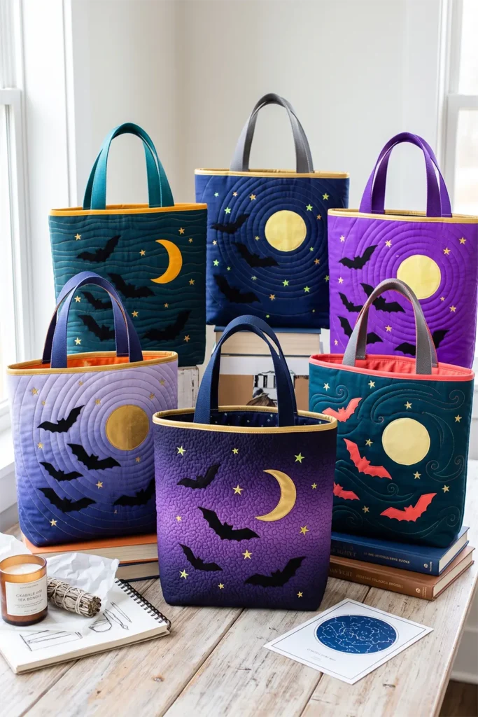 Bat and Moon Appliqué Quilted Halloween Totes