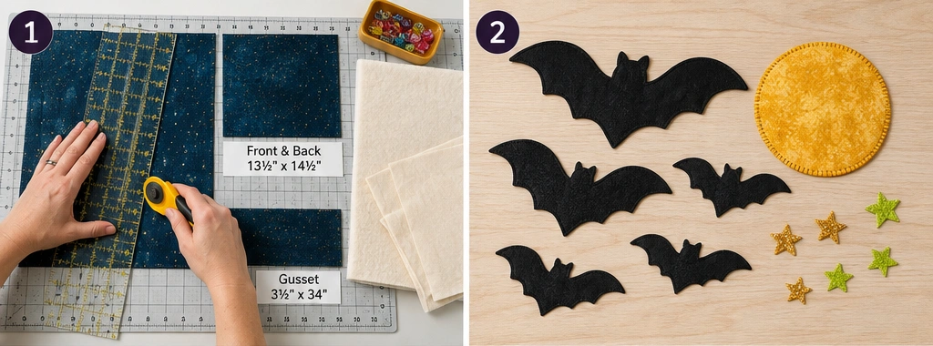 Bat and Moon Appliqué Quilted Halloween Totes