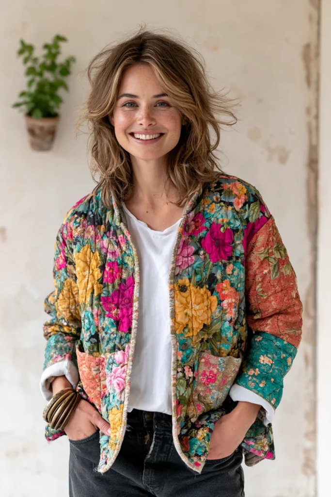 Boho Floral Quilted Jacket for a Pop of Autumn Color