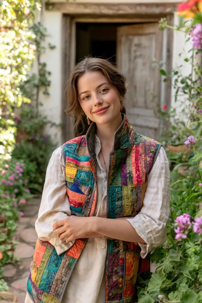 Bright Batik Jelly Roll Quilted Vests with Stand Collars and Patch Pockets