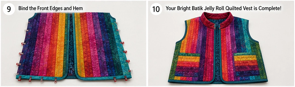 Bright Batik Jelly Roll Quilted Vests with Stand Collars and Patch Pockets