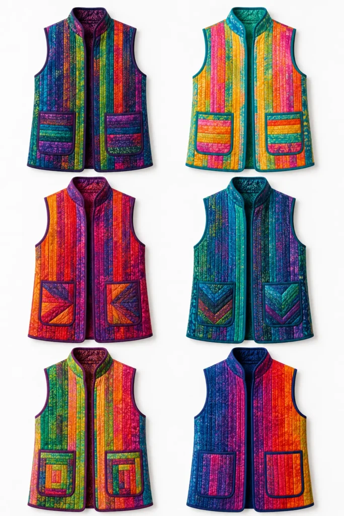 Bright Batik Jelly Roll Quilted Vests with Stand Collars and Patch Pockets