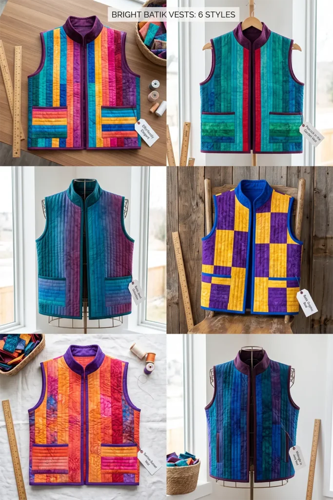 Bright Batik Jelly Roll Quilted Vests with Stand Collars and Patch Pockets