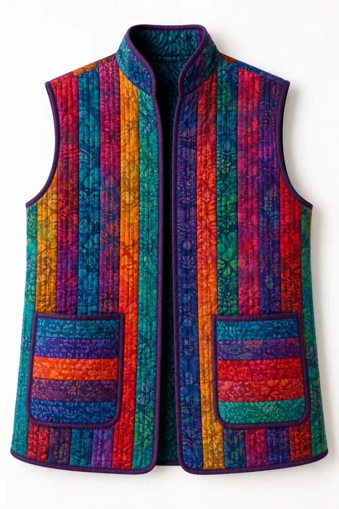 Bright Batik Jelly Roll Quilted Vests with Stand Collars and Patch Pockets