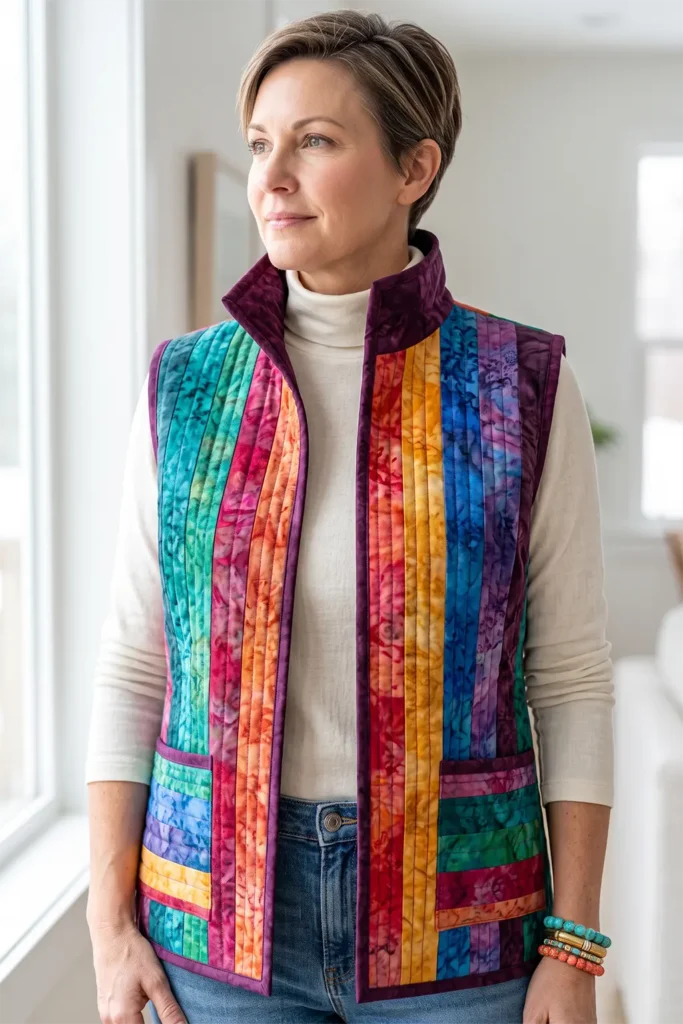 Bright Batik Jelly Roll Quilted Vests with Stand Collars and Patch Pockets