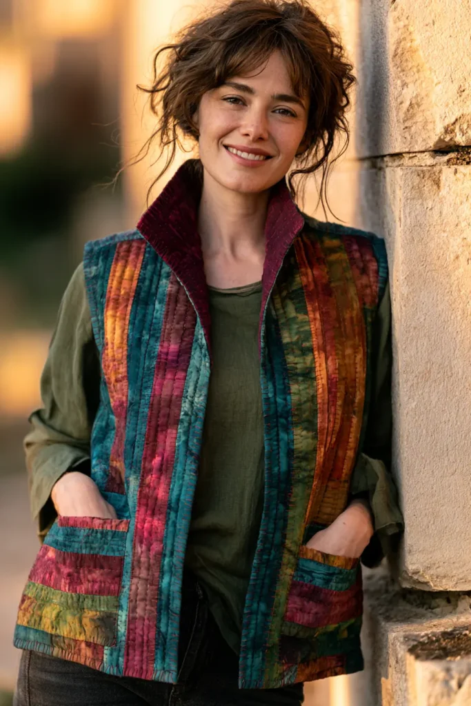 Bright Batik Jelly Roll Quilted Vests with Stand Collars and Patch Pockets