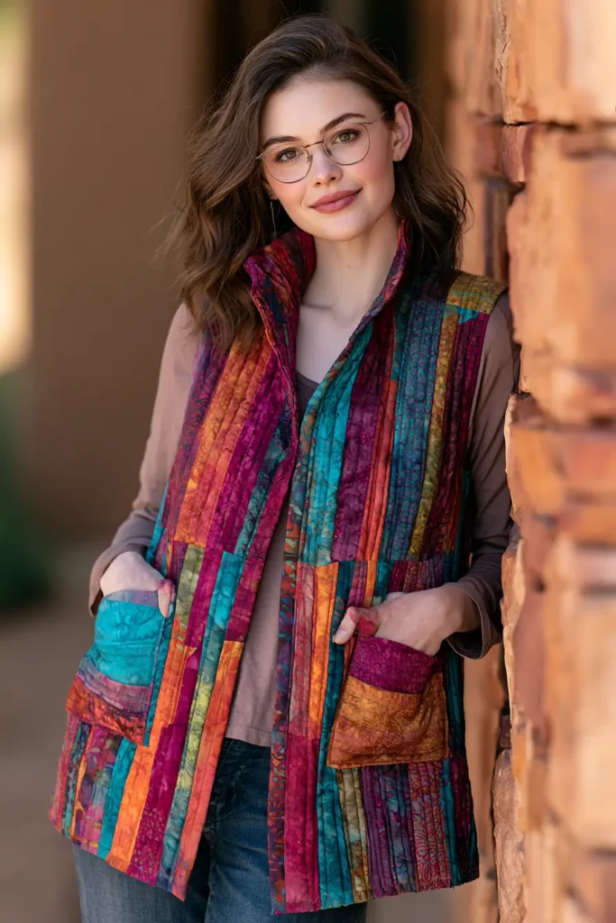 Bright Batik Jelly Roll Quilted Vests with Stand Collars and Patch Pockets