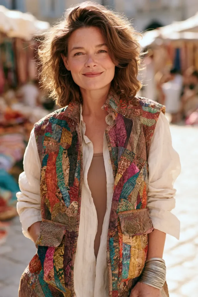 Bright Batik Jelly Roll Quilted Vests with Stand Collars and Patch Pockets
