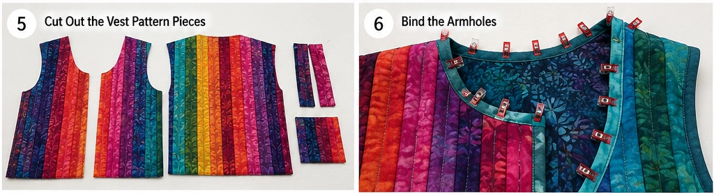 Bright Batik Jelly Roll Quilted Vests with Stand Collars and Patch Pockets