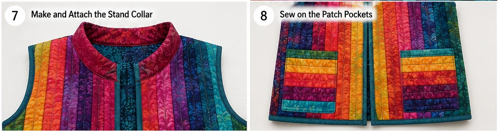 Bright Batik Jelly Roll Quilted Vests with Stand Collars and Patch Pockets