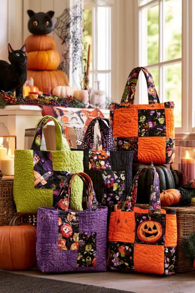 Classic Orange & Black Patchwork Quilted Halloween Treat Bag