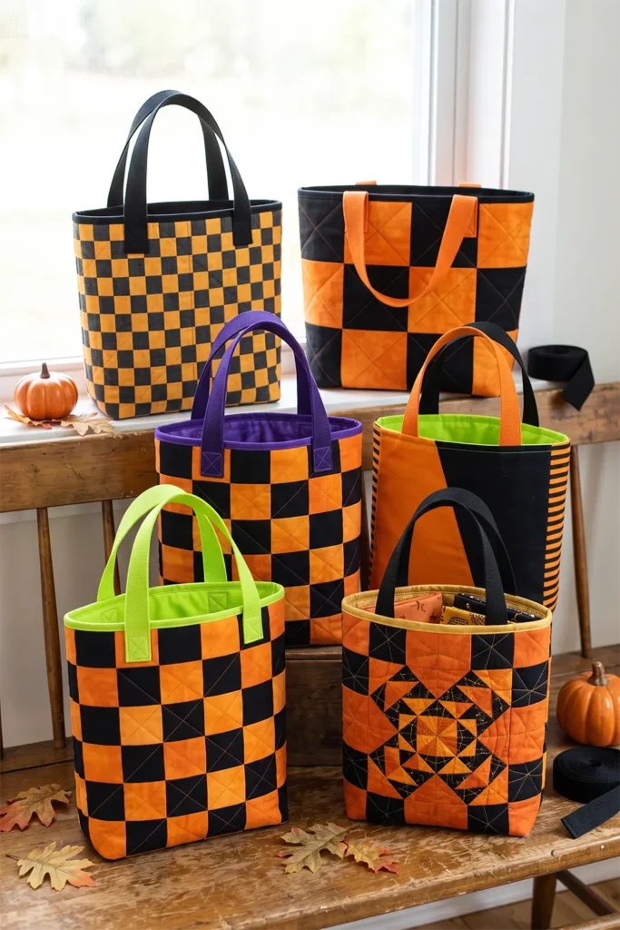 Classic Orange & Black Patchwork Quilted Halloween Treat Bag