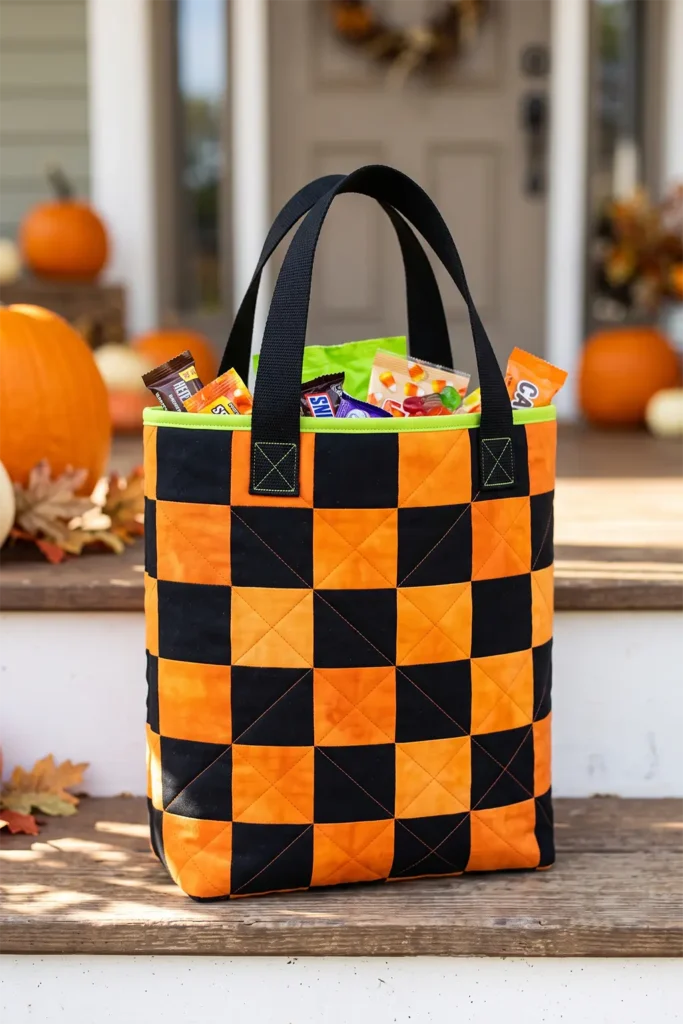Classic Orange & Black Patchwork Quilted Halloween Treat Bag