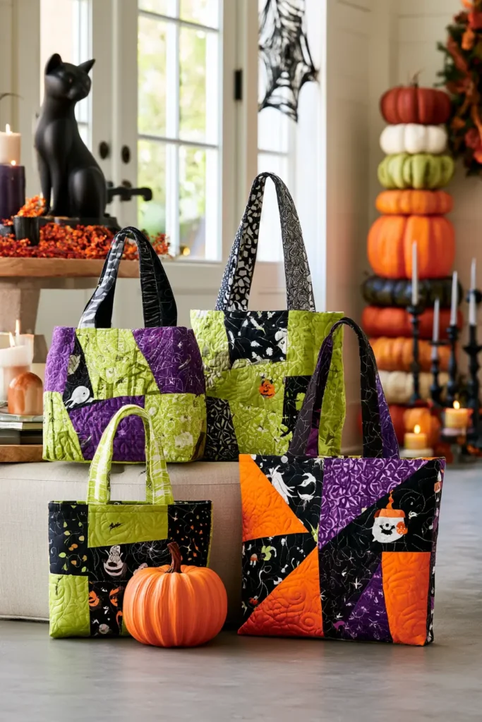 Classic Orange & Black Patchwork Quilted Halloween Treat Bag