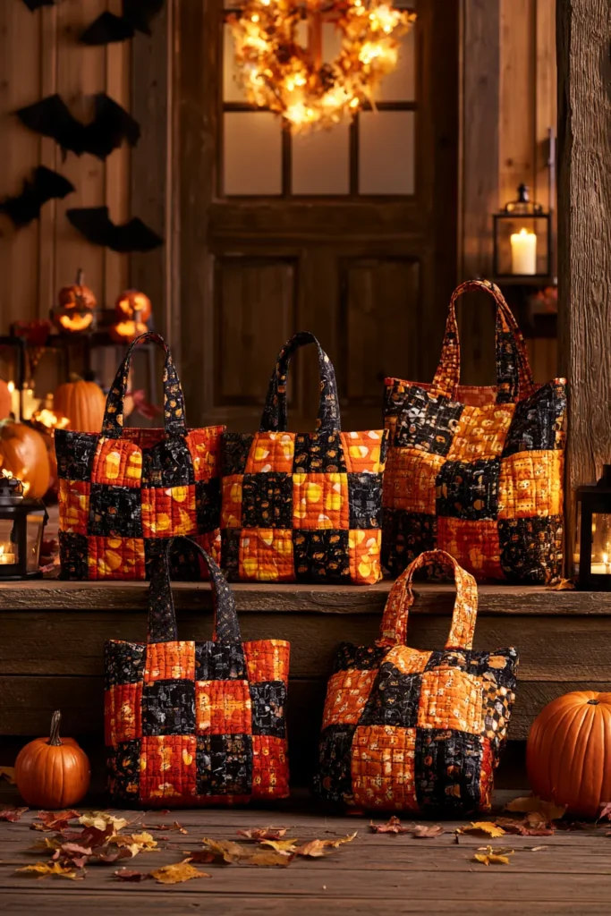 Classic Orange & Black Patchwork Quilted Halloween Treat Bag