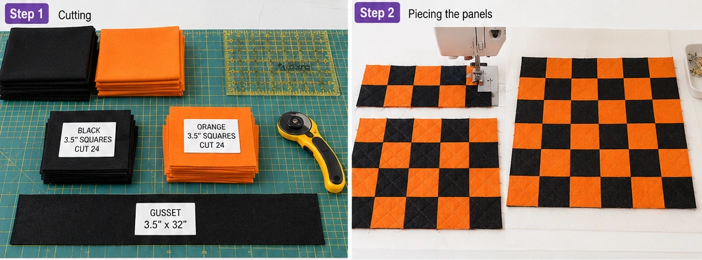 Classic Orange & Black Patchwork Quilted Halloween Treat Bag