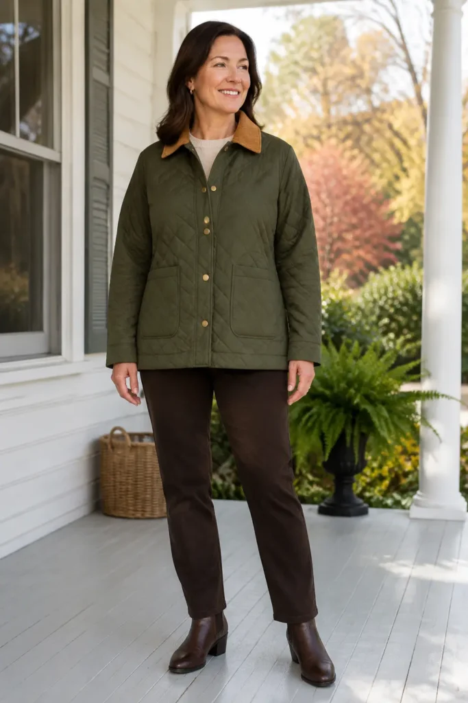 Corduroy-Collar Quilted Barn Jacket for Rich Autumn Texture