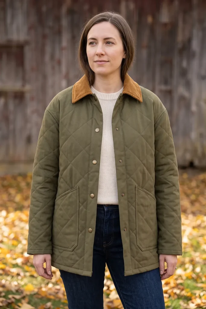 Corduroy-Collar Quilted Barn Jacket for Rich Autumn Texture