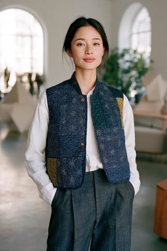 Cropped Sashiko Quilted Vest for Chic Modern Layering