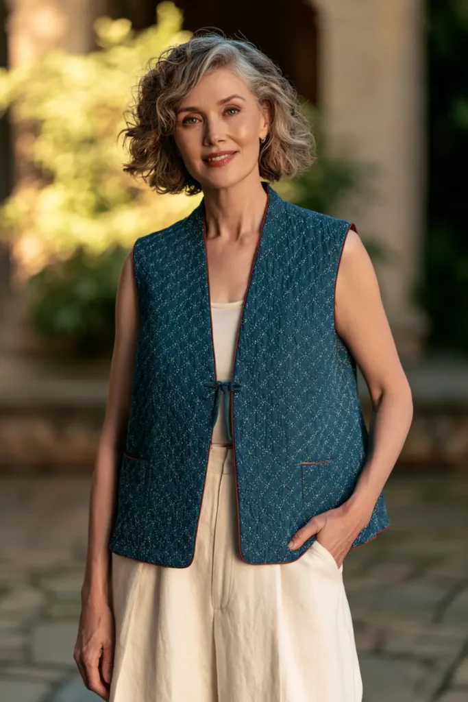 Cropped Sashiko Quilted Vest for Chic Modern Layering