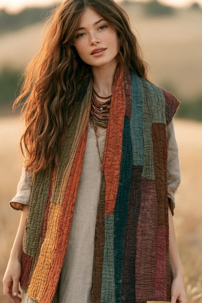 Earthy Boho Jelly Roll Quilted Vests for Relaxed Layering
