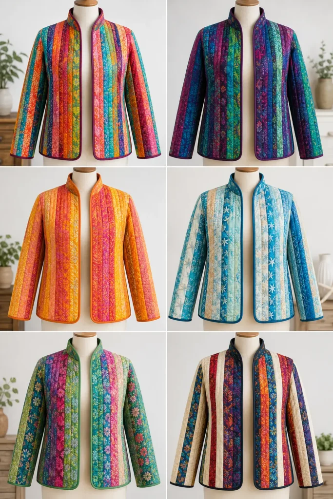 Easy Colorful Jelly Roll Quilted Jackets with a Soft Stand Collar