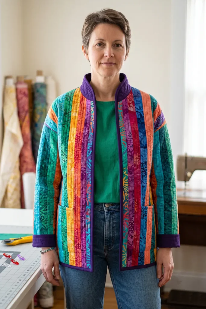 Easy Colorful Jelly Roll Quilted Jackets with a Soft Stand Collar