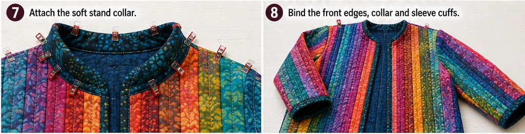 Easy Colorful Jelly Roll Quilted Jackets with a Soft Stand Collar