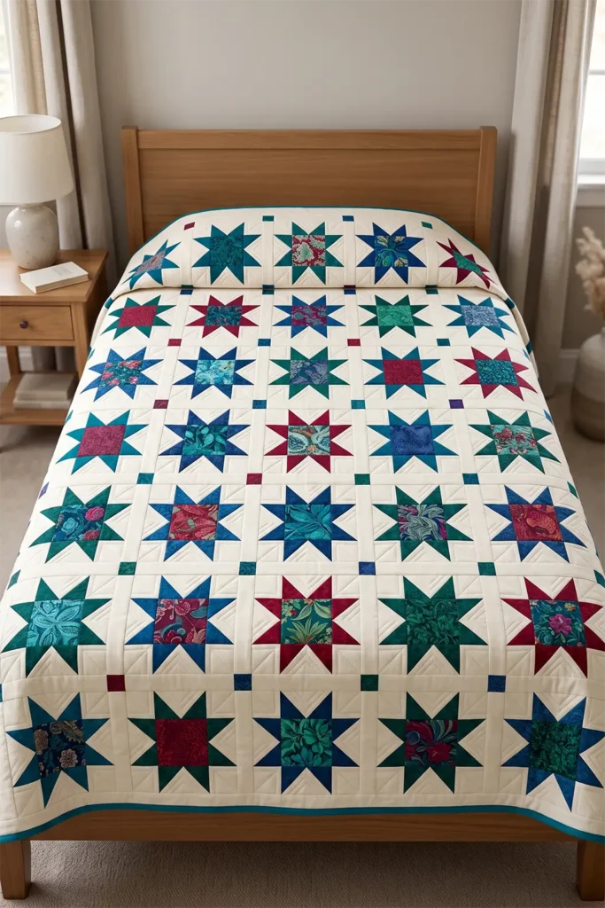 Elegant Sawtooth Star Layer Cake Quilt for Sophisticated Bedrooms