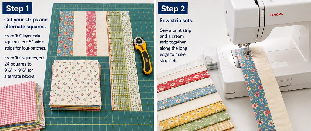 Fast Four-Patch Layer Cake Quilt for Quick Weekend Sewing