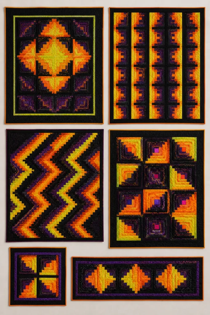Halloween Log Cabin Quilt Block Variations