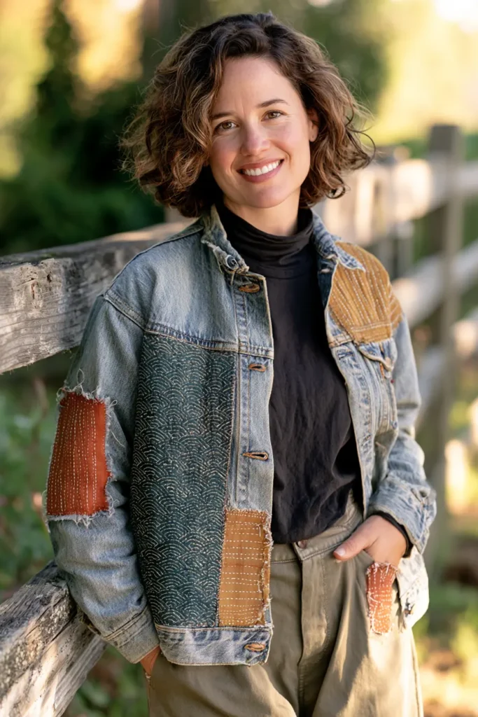 Hand-Stitched Sashiko Denim Jacket for Casual Cool Style