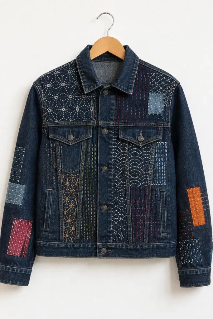 Hand-Stitched Sashiko Denim Jacket for Casual Cool Style