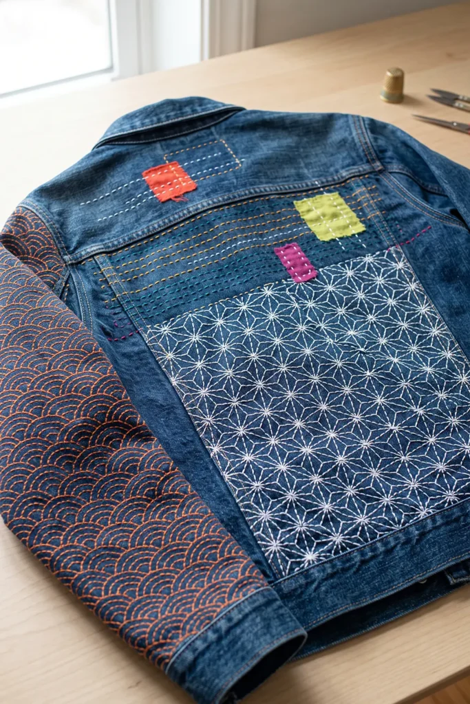 Hand-Stitched Sashiko Denim Jacket for Casual Cool Style