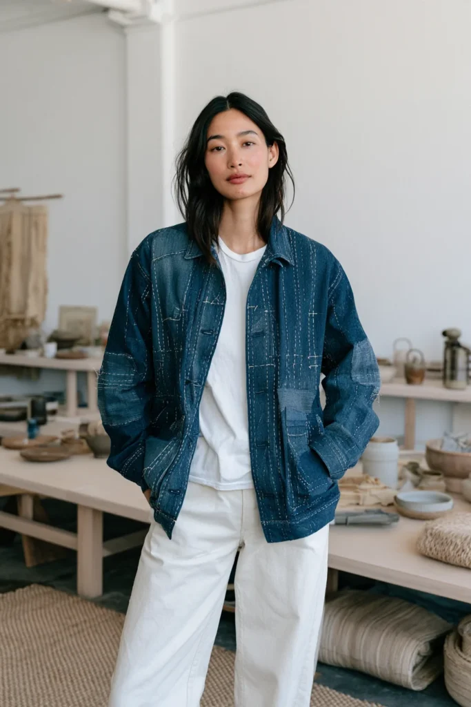 Hand-Stitched Sashiko Denim Jacket for Casual Cool Style