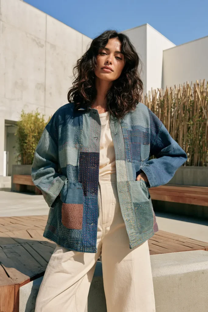 Hand-Stitched Sashiko Denim Jacket for Casual Cool Style