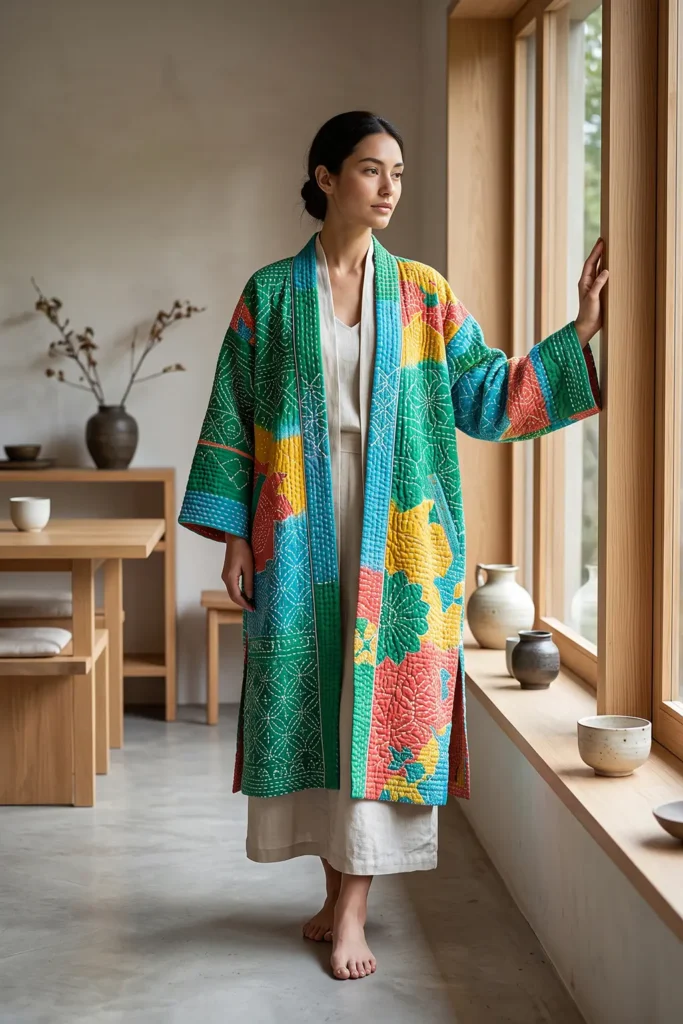 Kimono-Style Sashiko Jacket for Elegant Feminine Draping