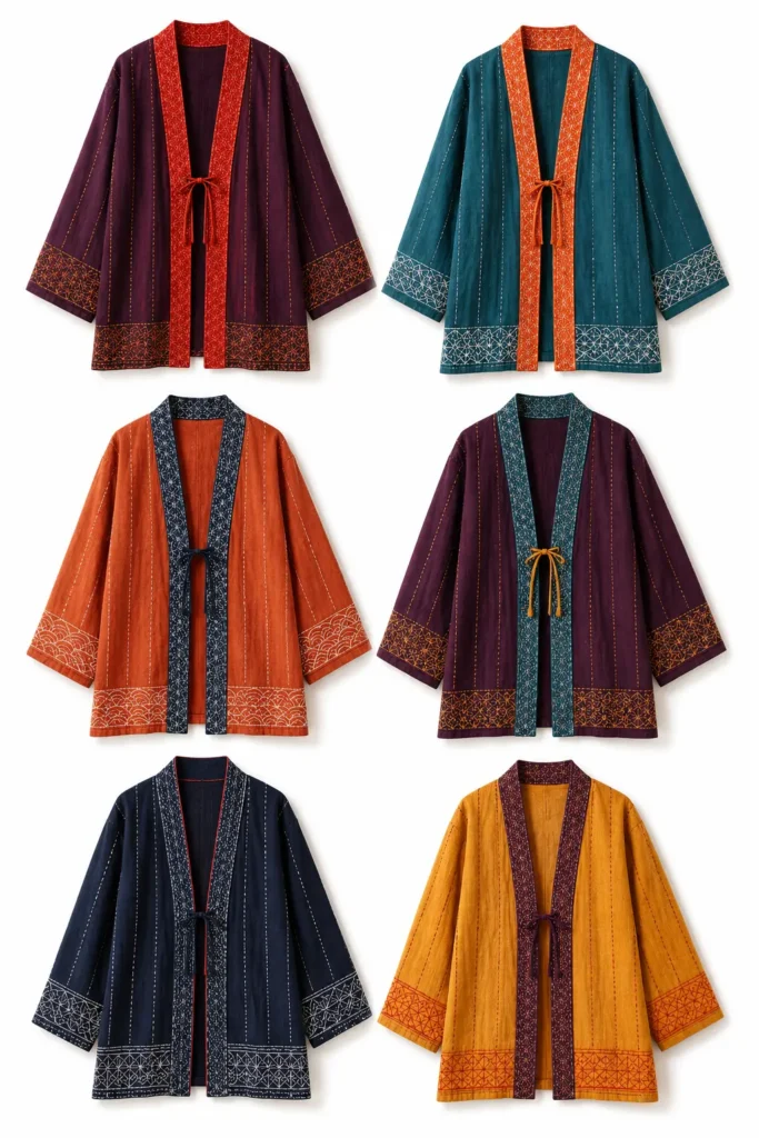 Kimono-Style Sashiko Jacket for Elegant Feminine Draping