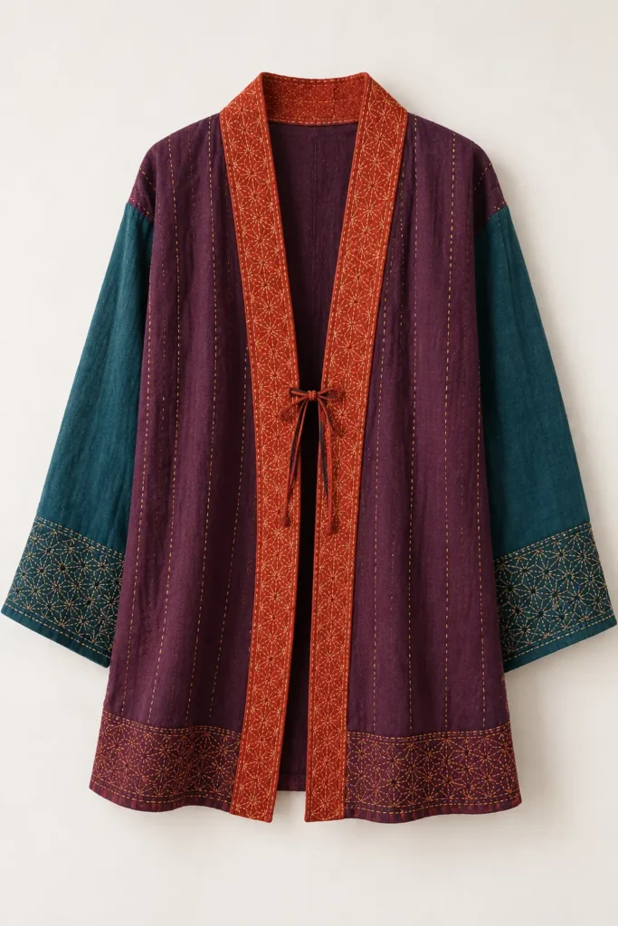 Kimono-Style Sashiko Jacket for Elegant Feminine Draping