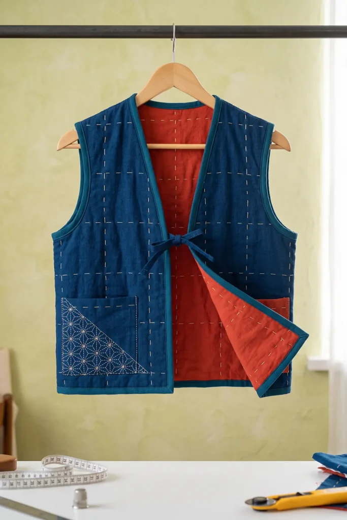 Kimono-Style Sashiko Jacket for Elegant Feminine Draping