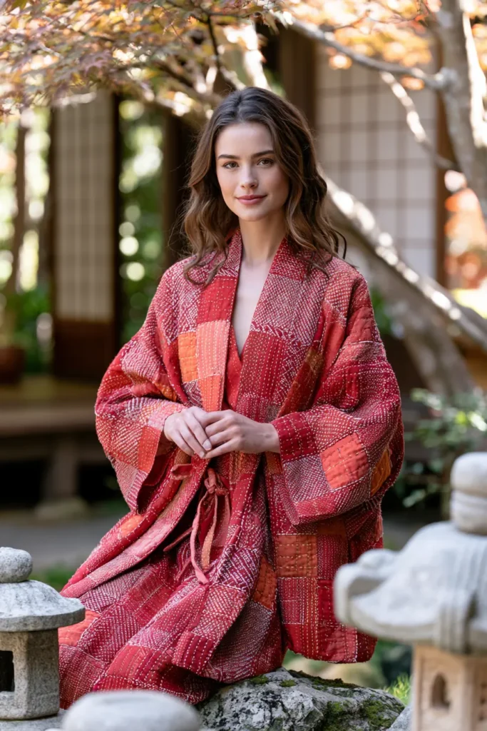 Kimono-Style Sashiko Jacket for Elegant Feminine Draping