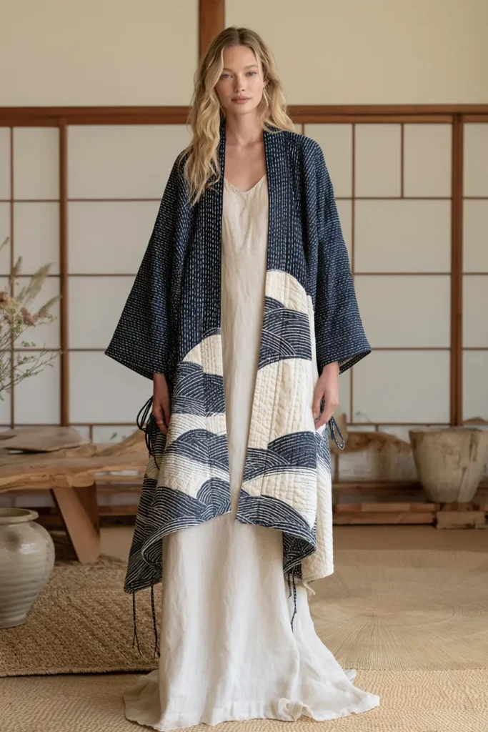 Kimono-Style Sashiko Jacket for Elegant Feminine Draping