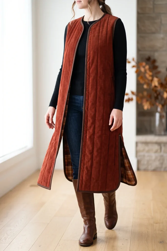 Longline Quilted Duster Vest for Elegant Fall Layers